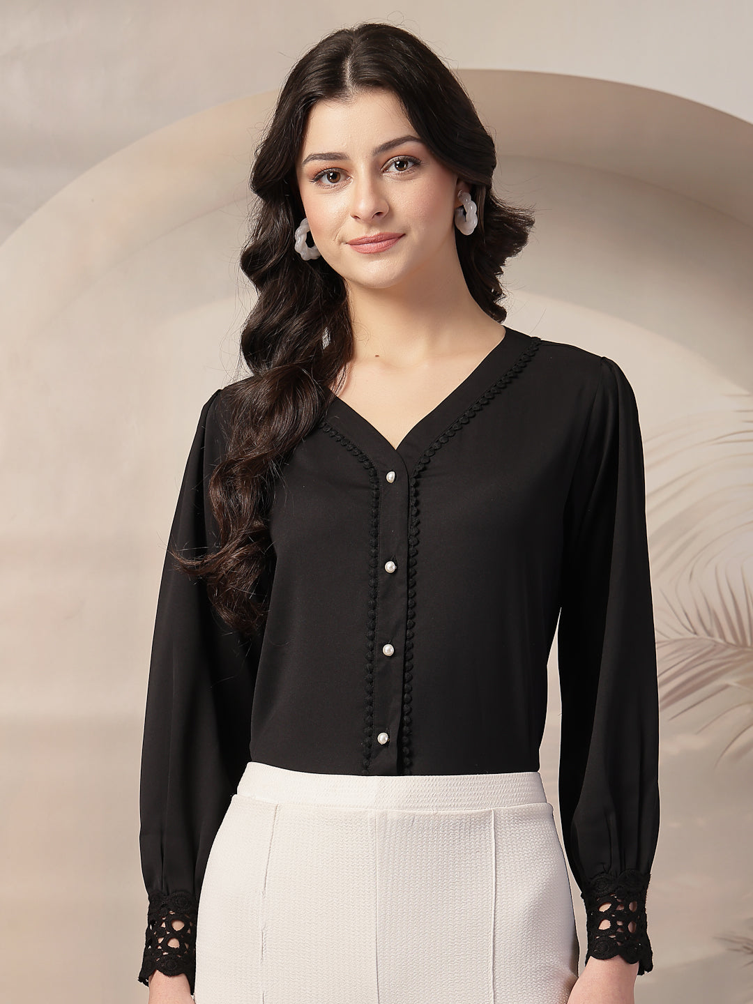 Style Quotient Women Solid Black Polymoss Regular Fit Formal Lace Insert Shirt