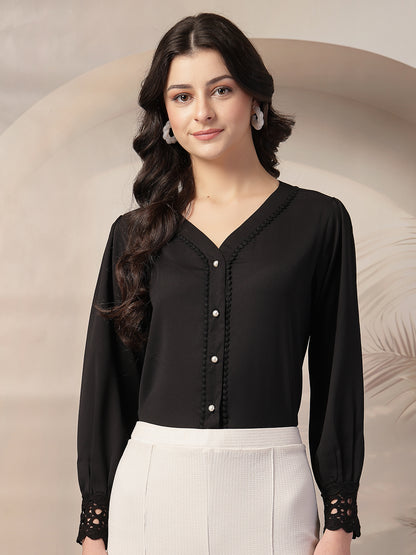 Style Quotient Women Solid Black Polymoss Regular Fit Formal Lace Insert Shirt