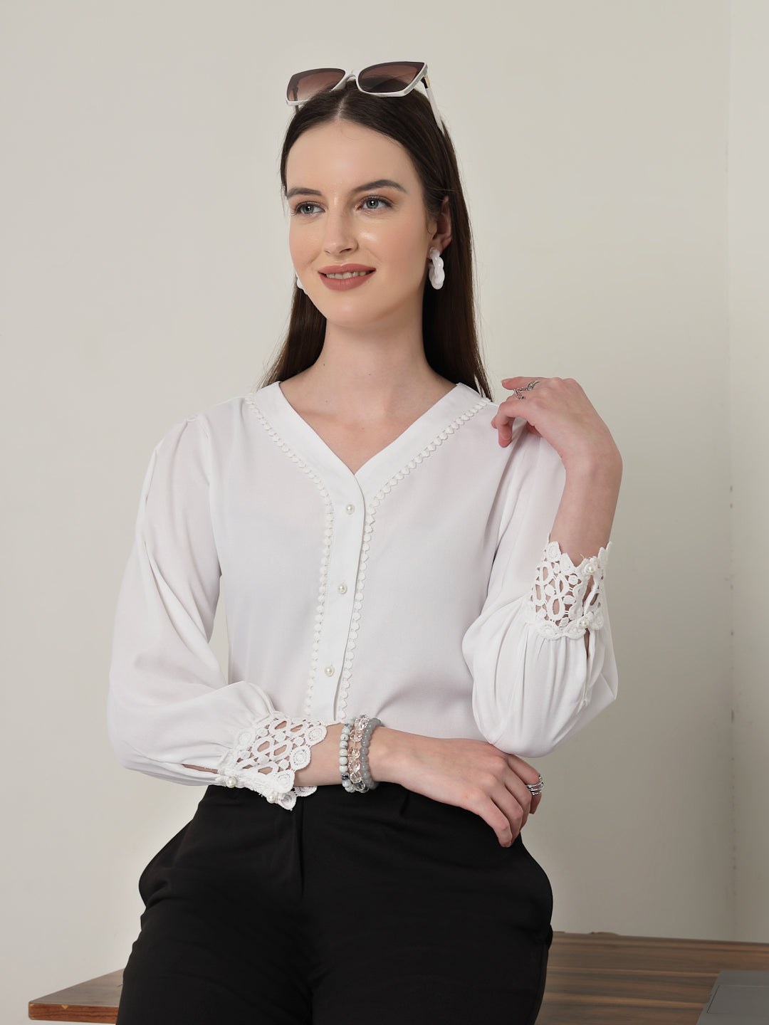 Style Quotient Women Solid White Polymoss Regular Fit Formal Lace Insert Shirt