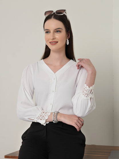 Style Quotient Women Solid White Polymoss Regular Fit Formal Lace Insert Shirt