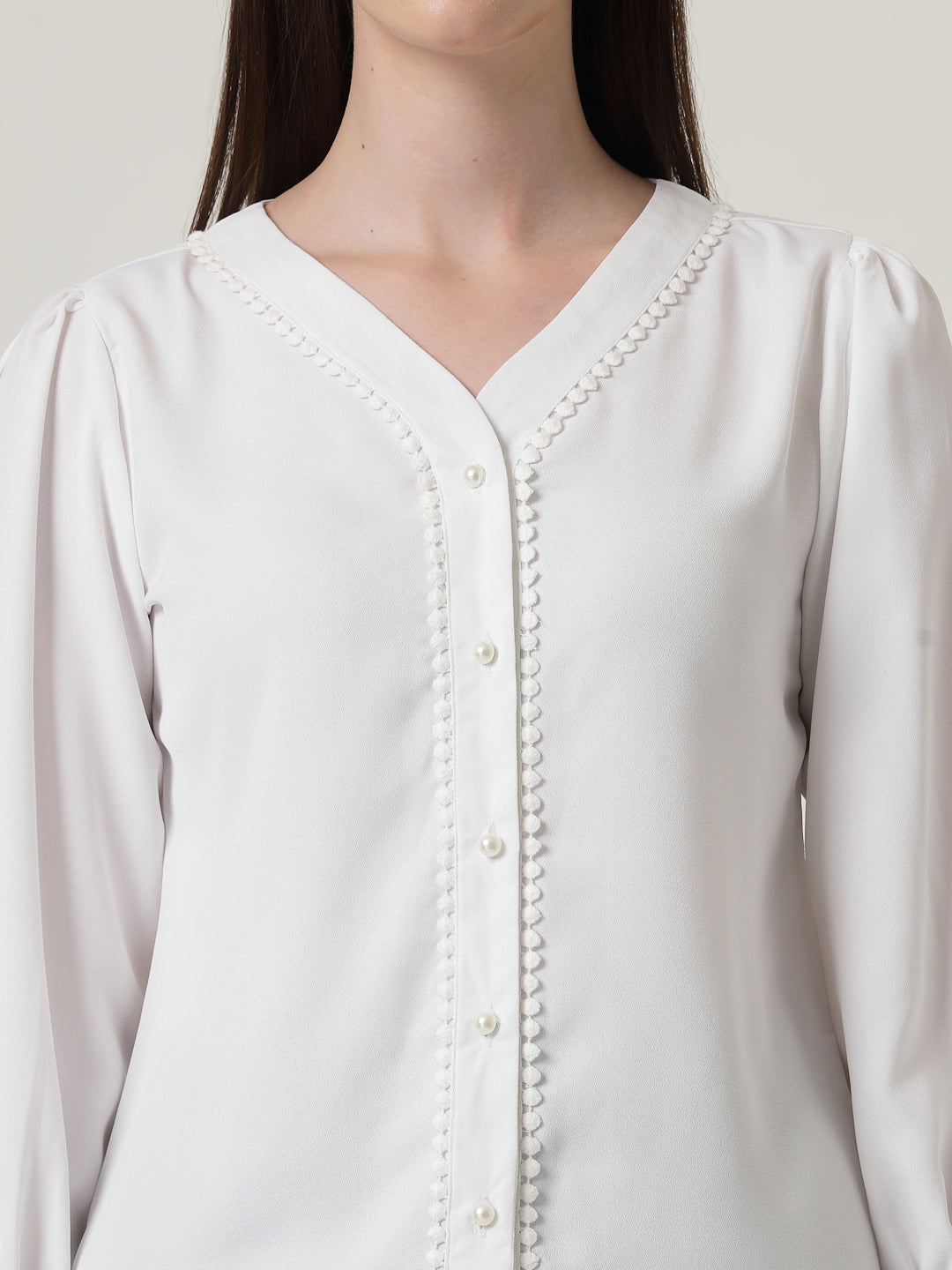 Style Quotient Women Solid White Polymoss Regular Fit Formal Lace Insert Shirt