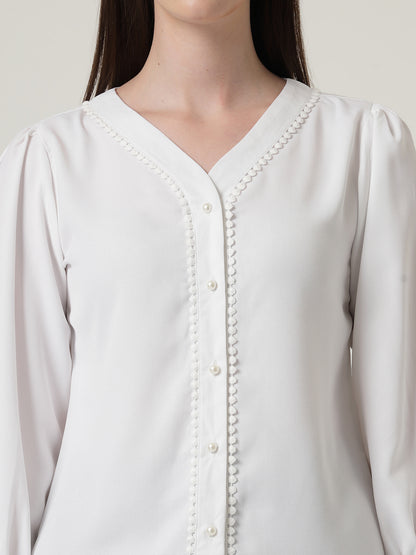 Style Quotient Women Solid White Polymoss Regular Fit Formal Lace Insert Shirt