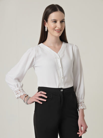 Style Quotient Women Solid White Polymoss Regular Fit Formal Lace Insert Shirt