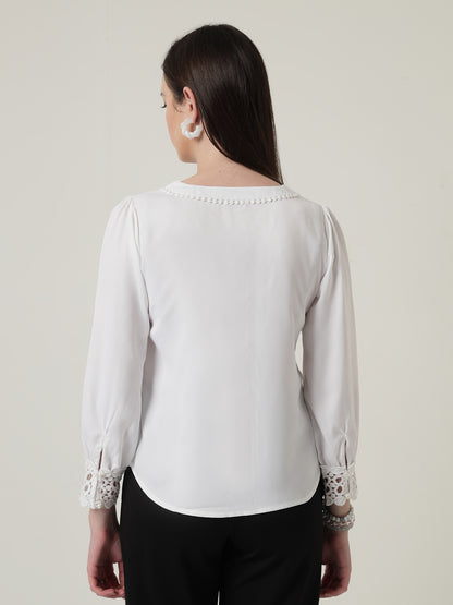 Style Quotient Women Solid White Polymoss Regular Fit Formal Lace Insert Shirt
