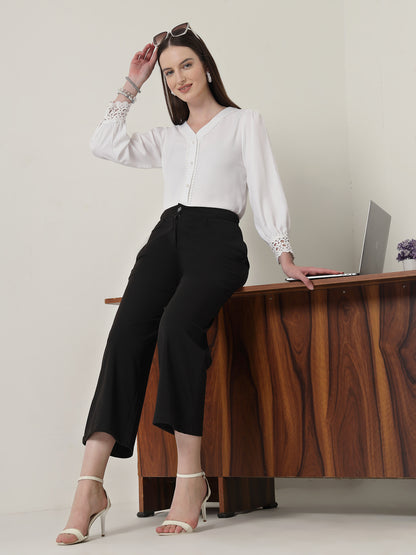 Style Quotient Women Solid White Polymoss Regular Fit Formal Lace Insert Shirt