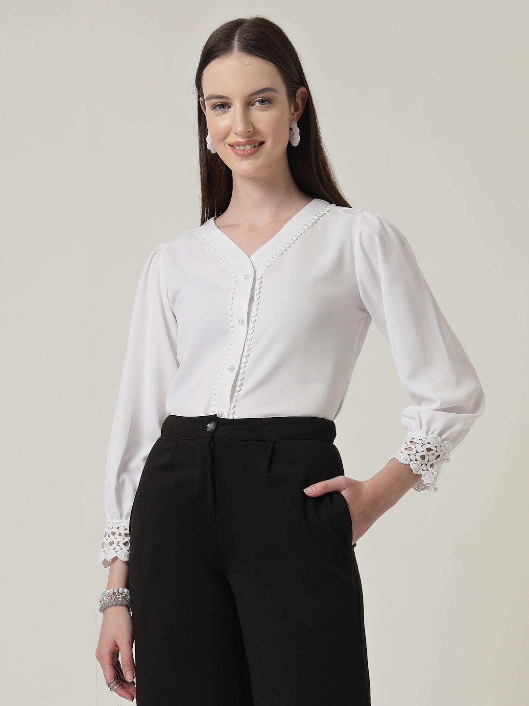 Style Quotient Women Solid White Polymoss Regular Fit Formal Lace Insert Shirt