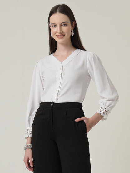 Style Quotient Women Solid White Polymoss Regular Fit Formal Lace Insert Shirt