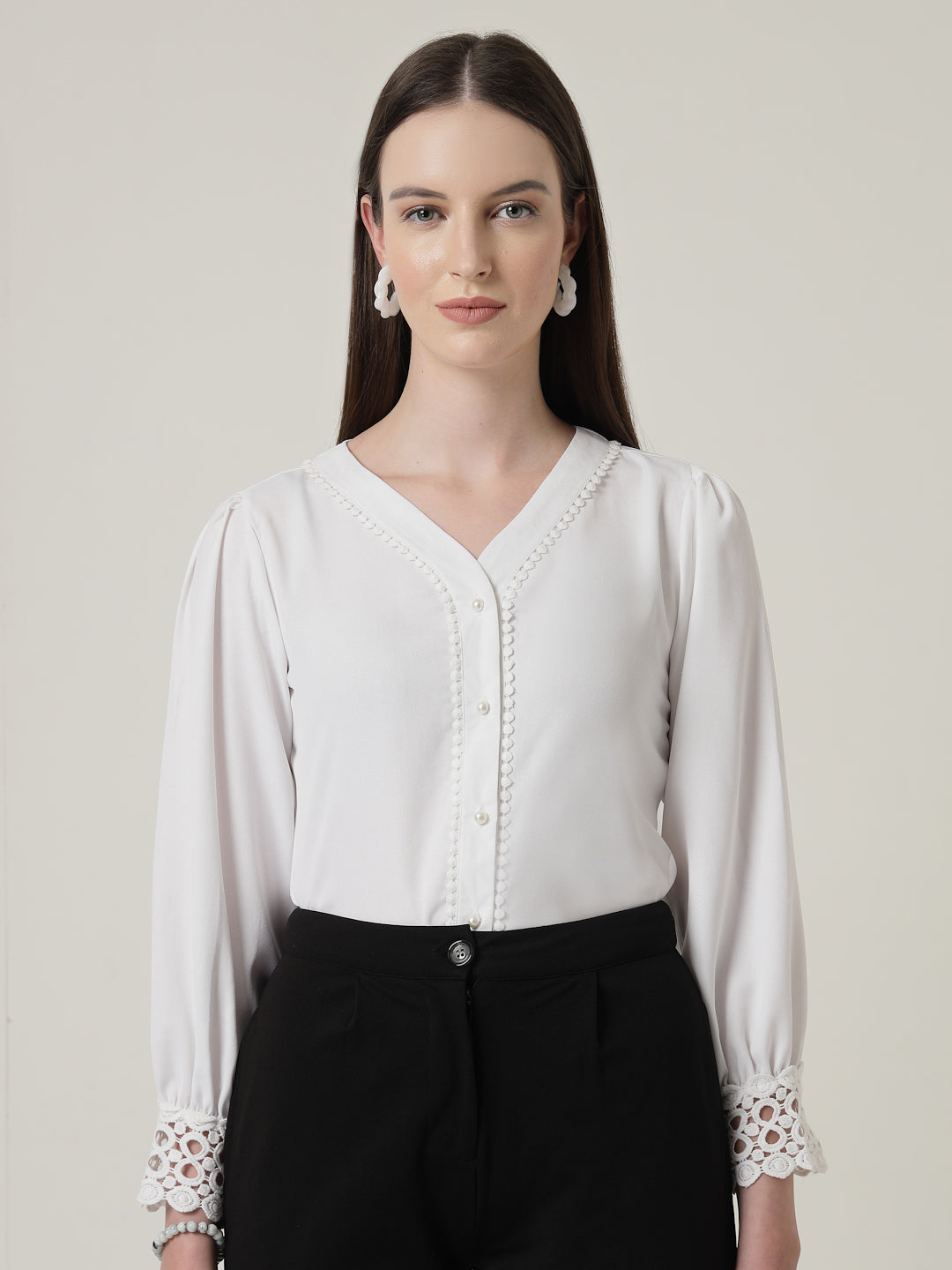 Style Quotient Women Solid White Polymoss Regular Fit Formal Lace Insert Shirt