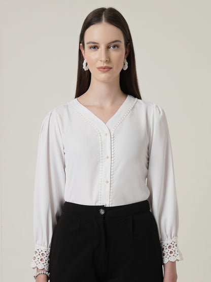 Style Quotient Women Solid White Polymoss Regular Fit Formal Lace Insert Shirt