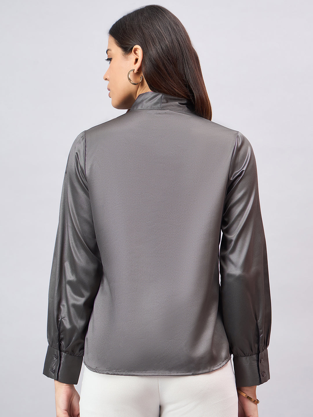 Style Quotient Women Solid Slate Grey Satin Tie up Regular Formal Shirt