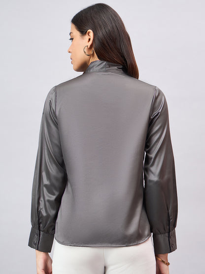 Style Quotient Women Solid Slate Grey Satin Tie up Regular Formal Shirt