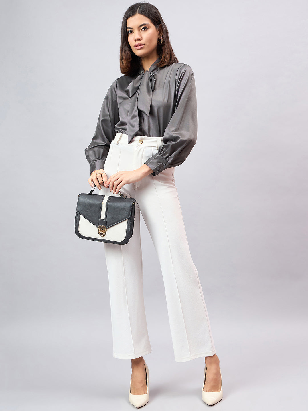 Style Quotient Women Solid Slate Grey Satin Tie up Regular Formal Shirt