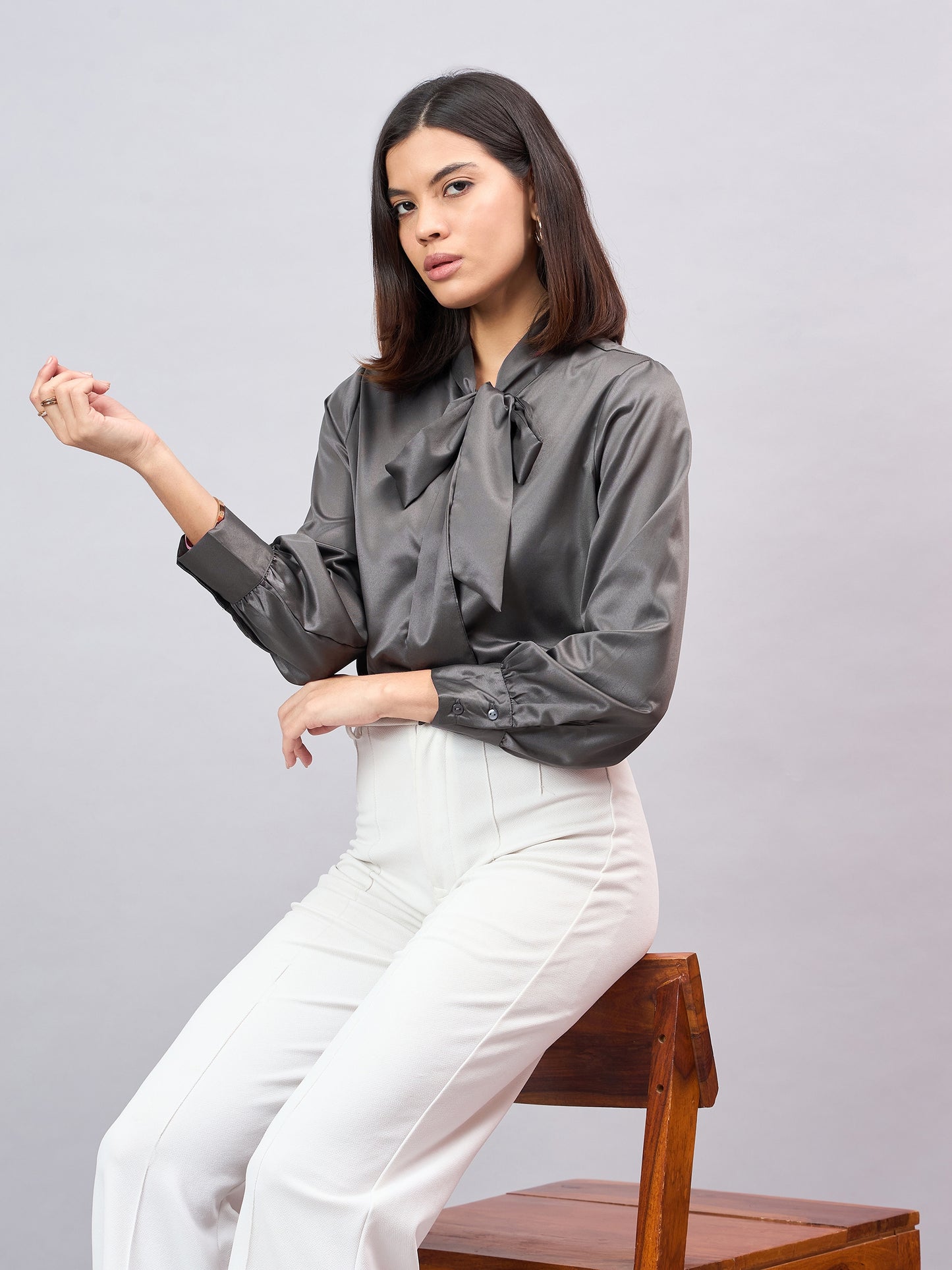 Style Quotient Women Solid Slate Grey Satin Tie up Regular Formal Shirt