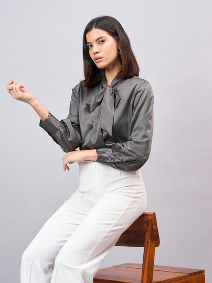 Style Quotient Women Solid Slate Grey Satin Tie up Regular Formal Shirt