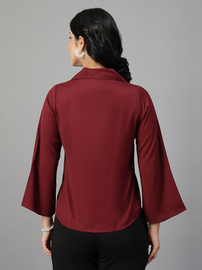 Style Quotient Women Solid Maroon Polymoss Formal Shirt