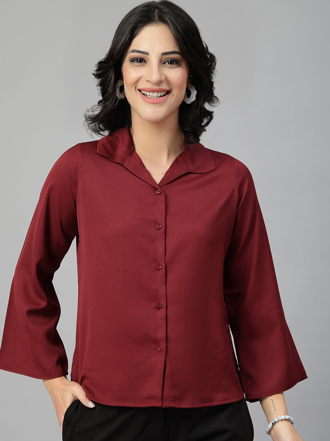 Style Quotient Women Solid Maroon Polymoss Formal Shirt