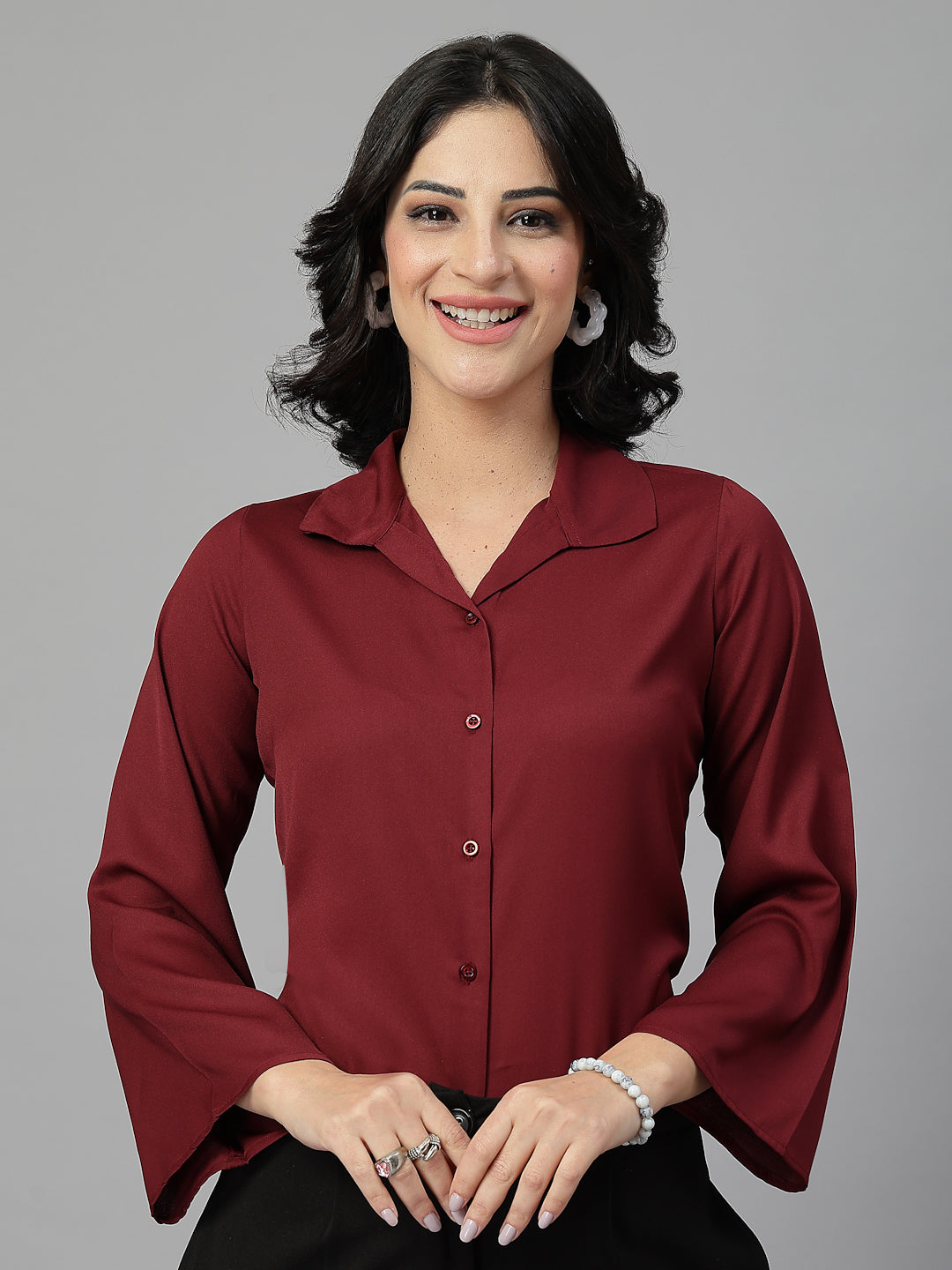 Style Quotient Women Solid Maroon Polymoss Formal Shirt