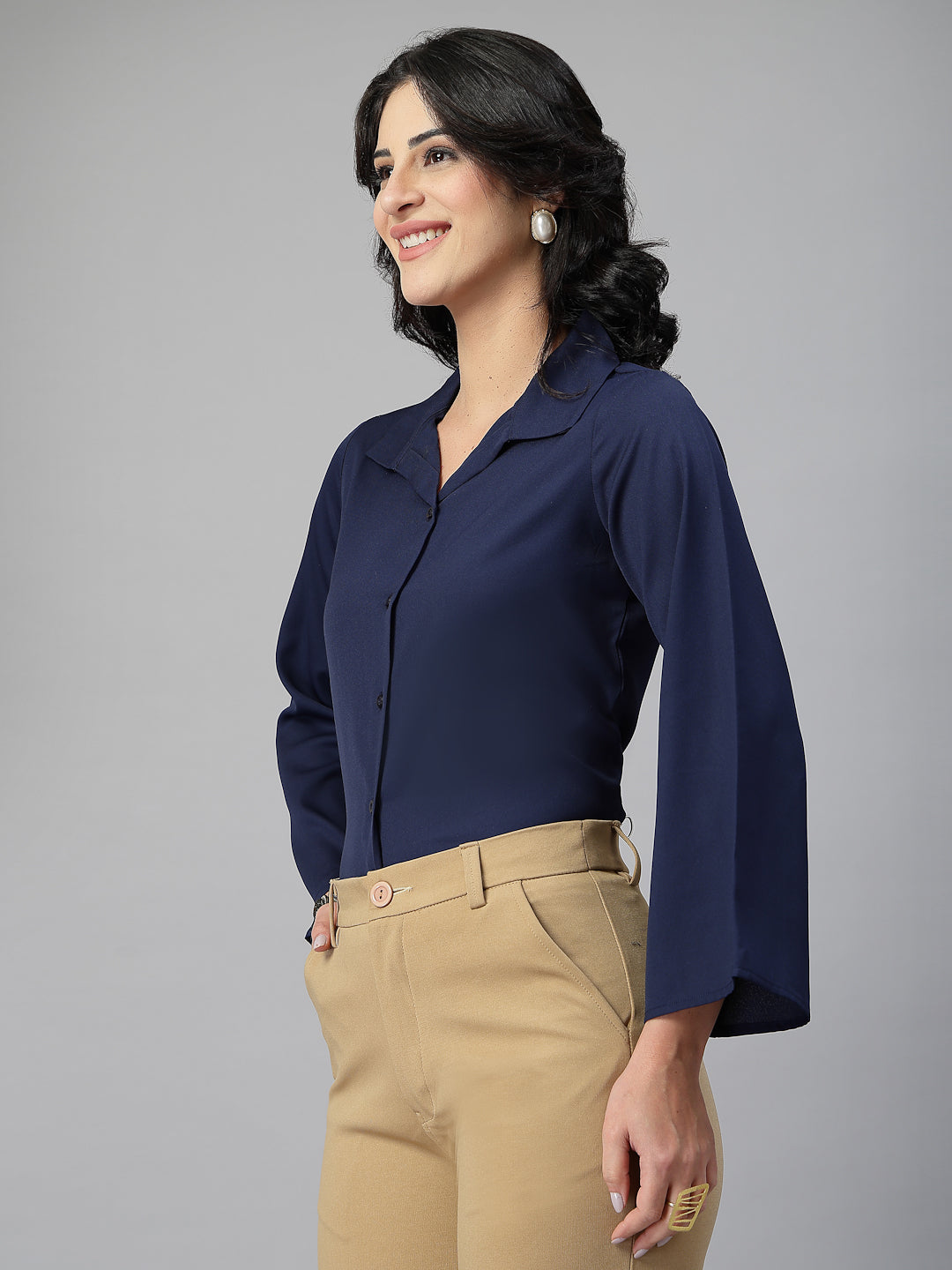 Style Quotient Women Solid Navy Polymoss Formal Shirt