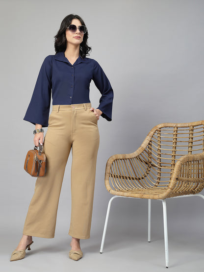 Style Quotient Women Solid Navy Polymoss Formal Shirt