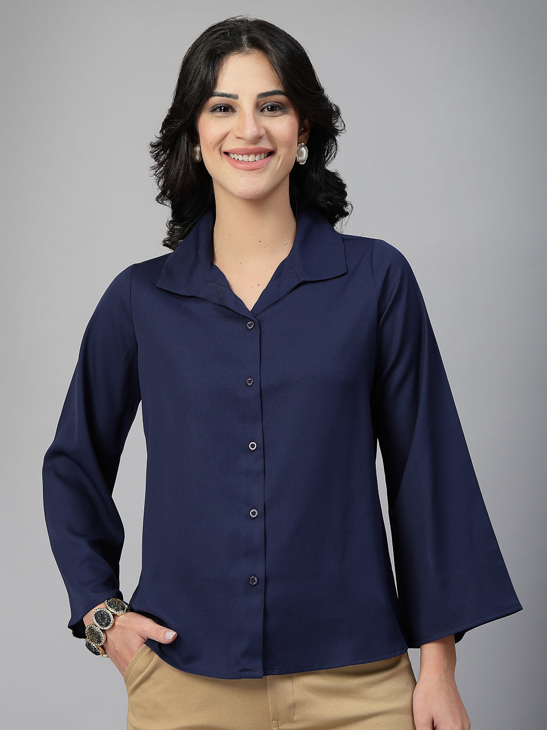 Style Quotient Women Solid Navy Polymoss Formal Shirt