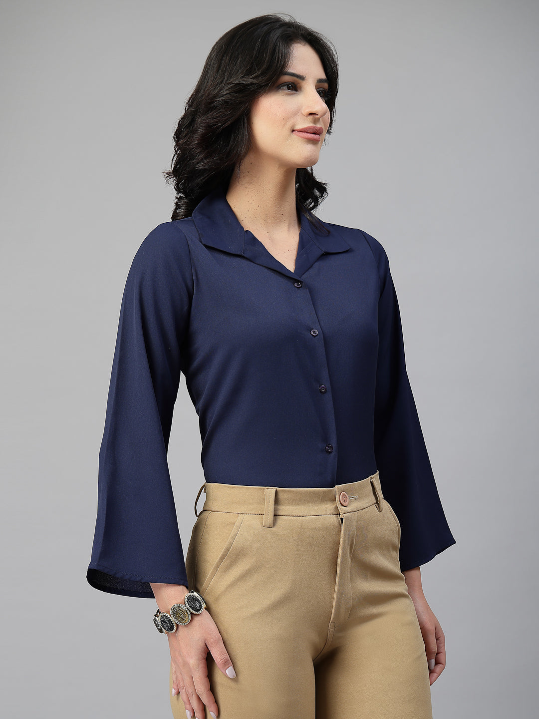 Style Quotient Women Solid Navy Polymoss Formal Shirt
