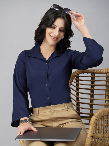 Style Quotient Women Solid Navy Polymoss Formal Shirt