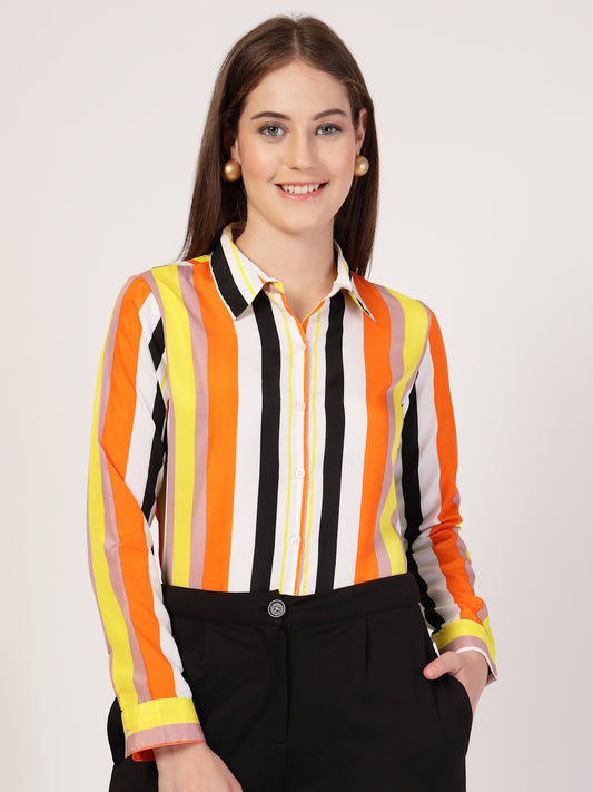 Style Quotient Women Orange Multi Stripe Printed Semi Formal Polyester Shirt