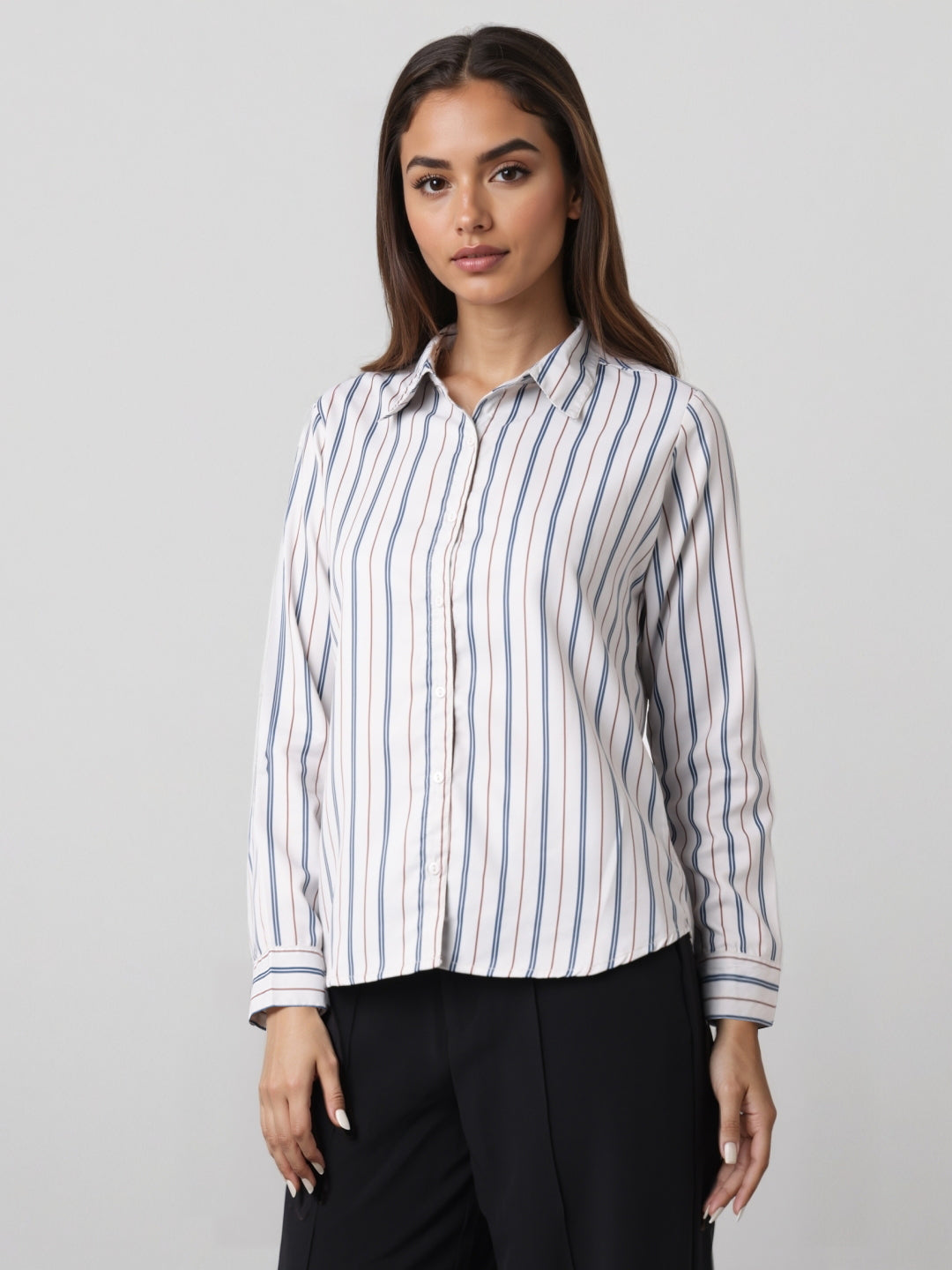 Style Quotient Women Nude Multi Stripe Printed Formal Polyester Shirt