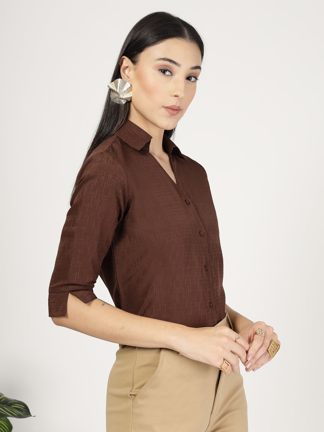 Style Quotient Women Texture Brown Formal Shirt