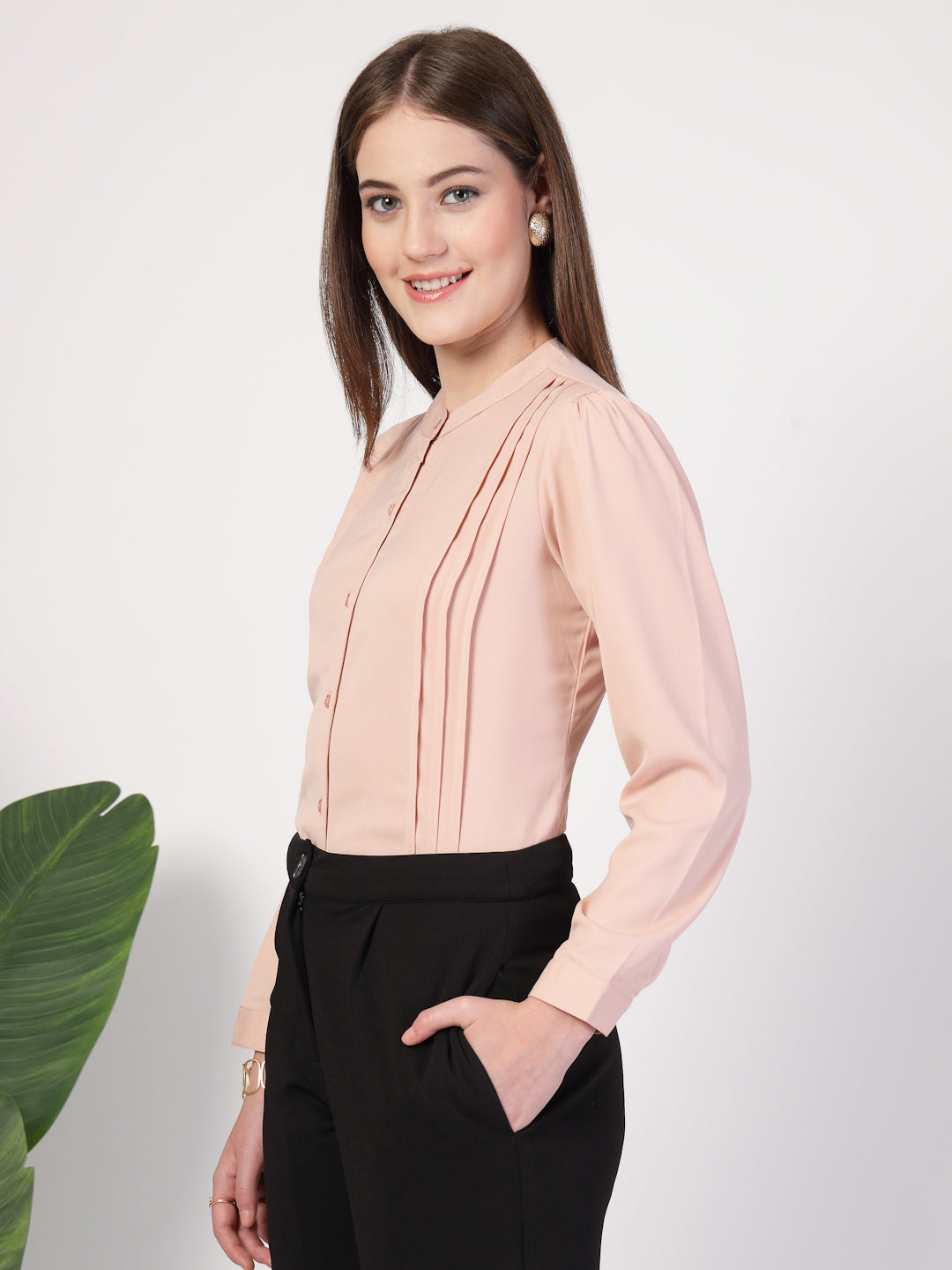 Style Quotient Women Solid Nude Polymoss Formal Shirt