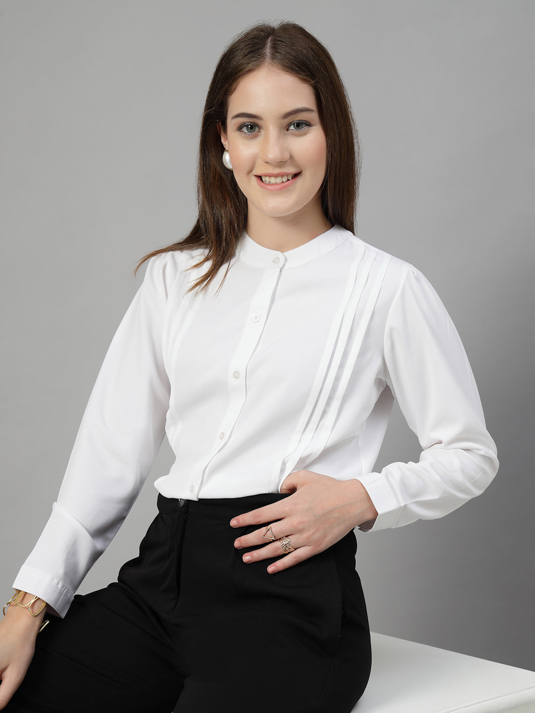 Style Quotient Women Solid White Polymoss Formal Shirt