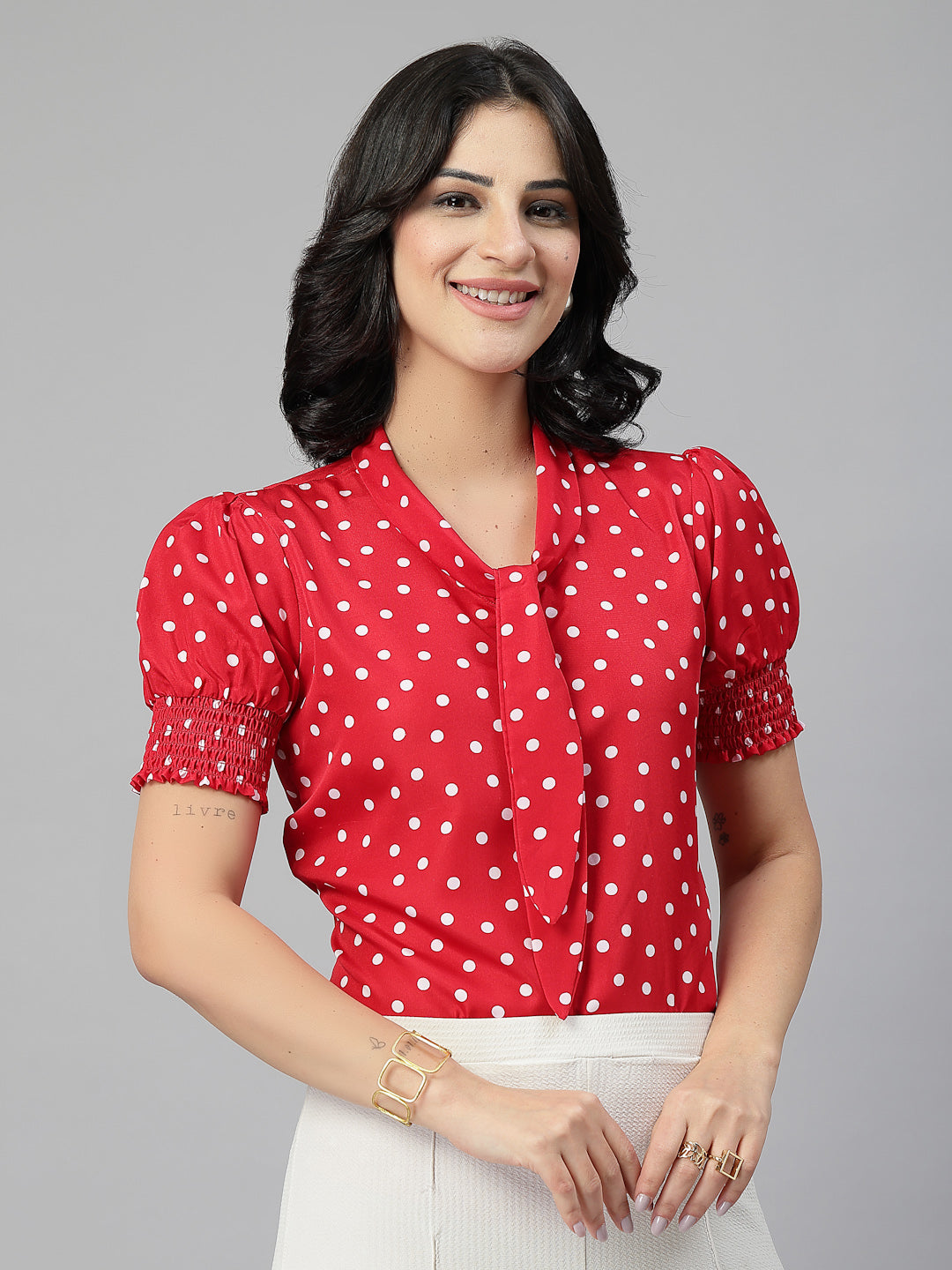 Style Quotient Women Polka Printed Red White Polycrepe Semi Formal Top