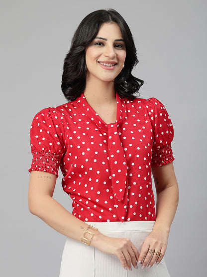 Style Quotient Women Polka Printed Red White Polycrepe Semi Formal Top