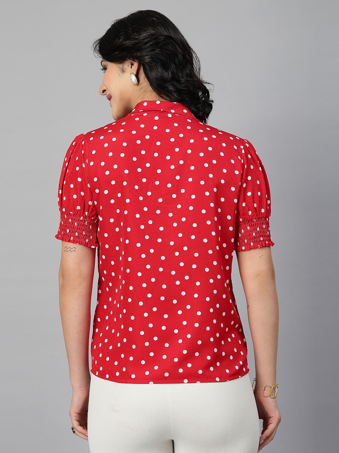 Style Quotient Women Polka Printed Red White Polycrepe Semi Formal Top