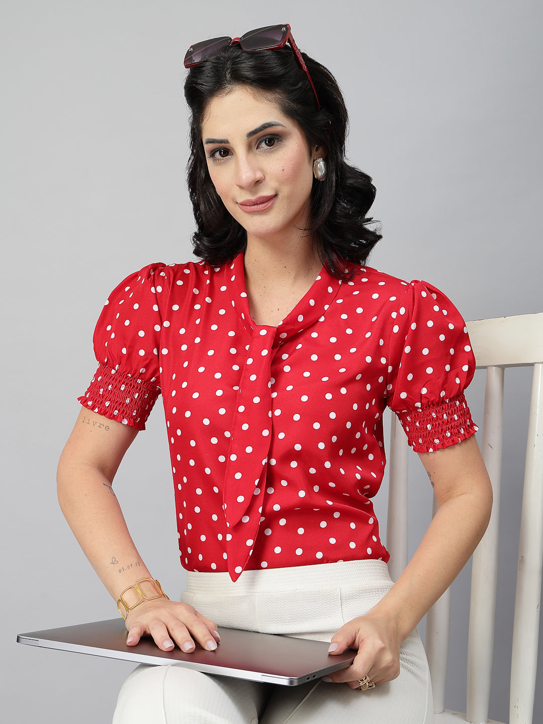 Style Quotient Women Polka Printed Red White Polycrepe Semi Formal Top