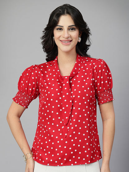 Style Quotient Women Polka Printed Red White Polycrepe Semi Formal Top