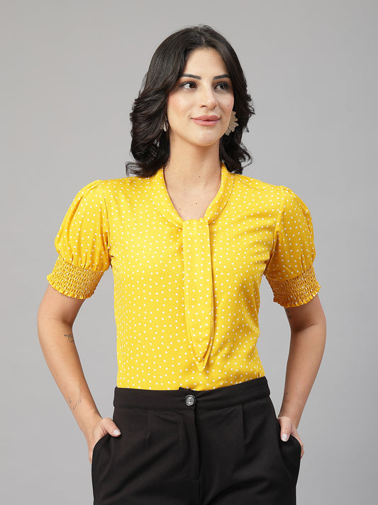Style Quotient Women Polka Printed Yellow White Polycrepe Semi Formal Top