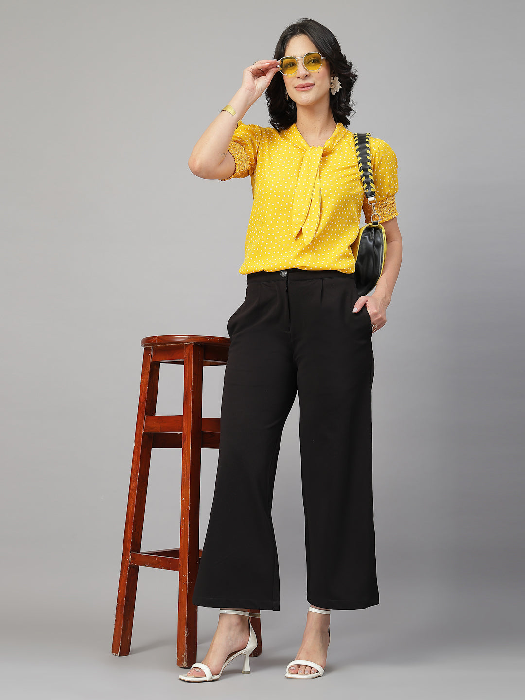 Style Quotient Women Polka Printed Yellow White Polycrepe Semi Formal Top