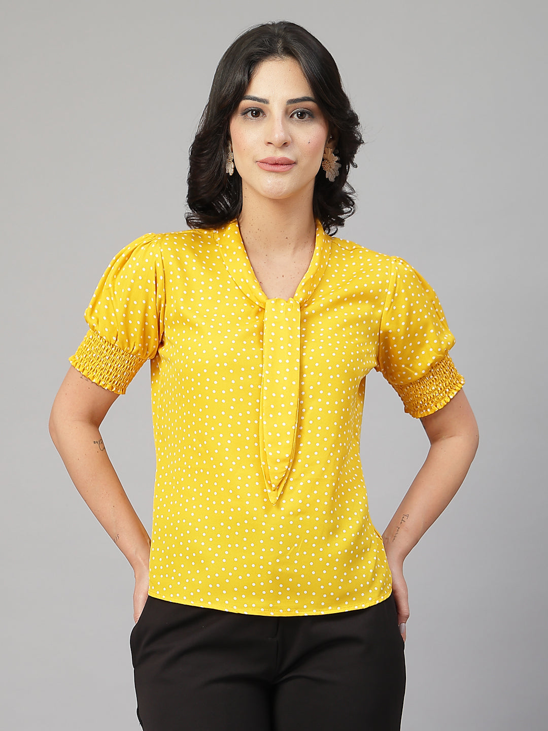 Style Quotient Women Polka Printed Yellow White Polycrepe Semi Formal Top