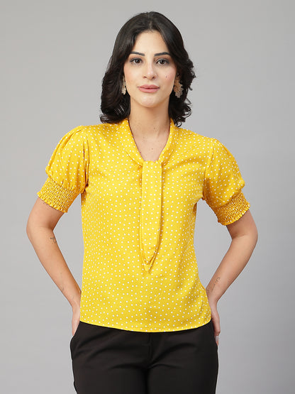 Style Quotient Women Polka Printed Yellow White Polycrepe Semi Formal Top