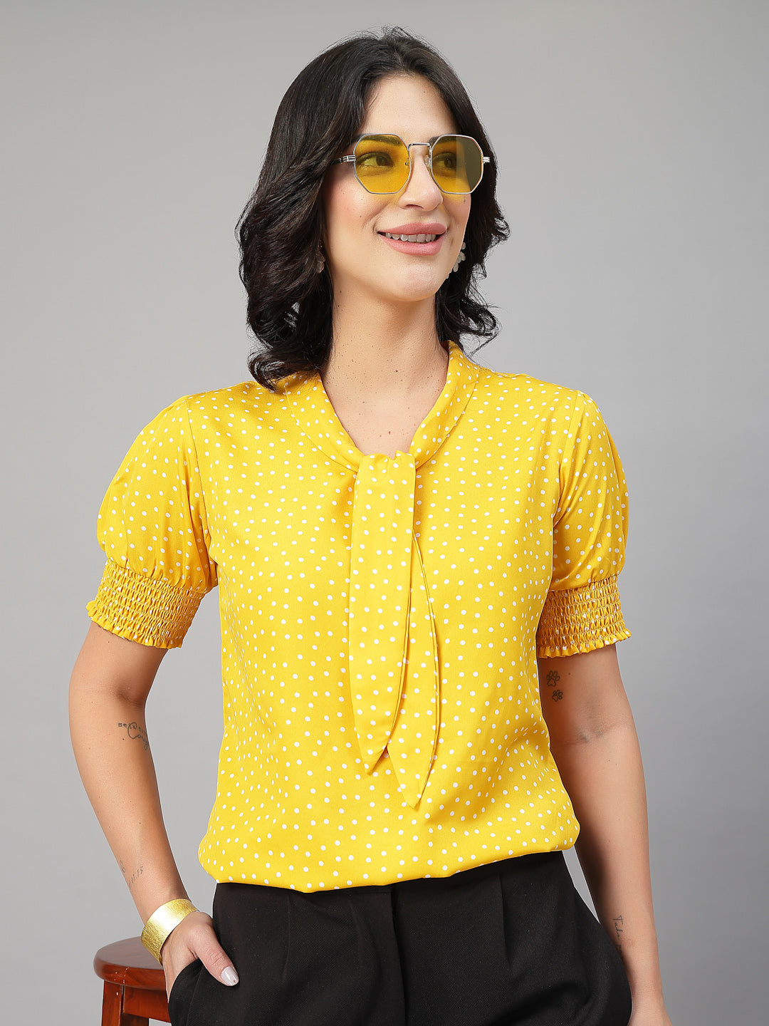 Style Quotient Women Polka Printed Yellow White Polycrepe Semi Formal Top