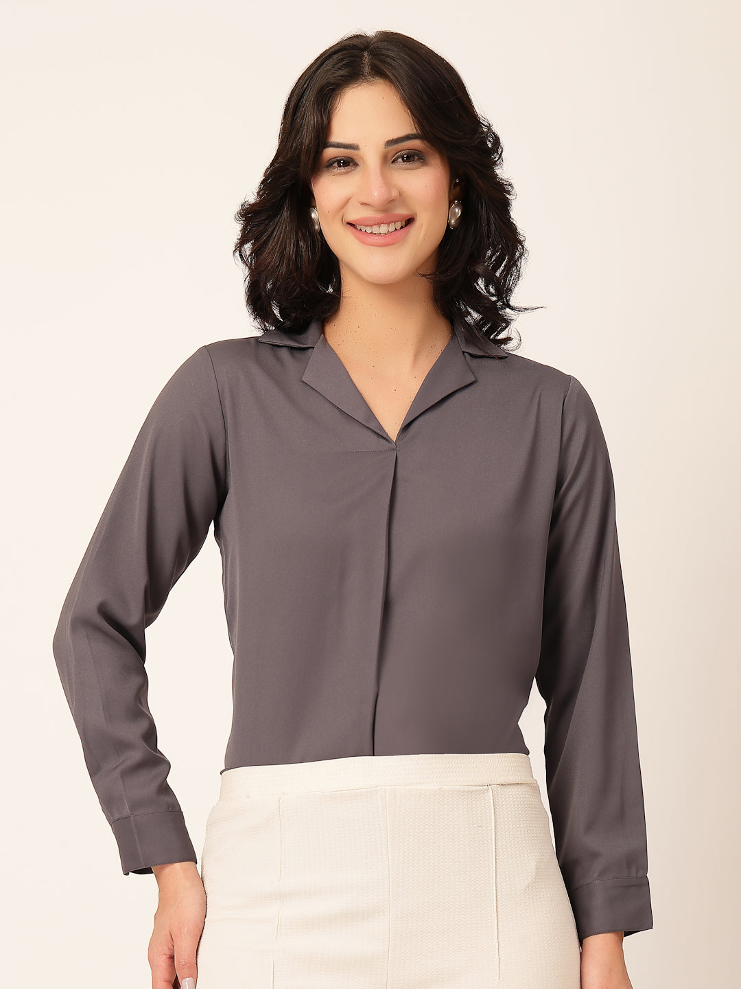 Style Quotient Women Solid Grey Polymoss Shirt Style Top