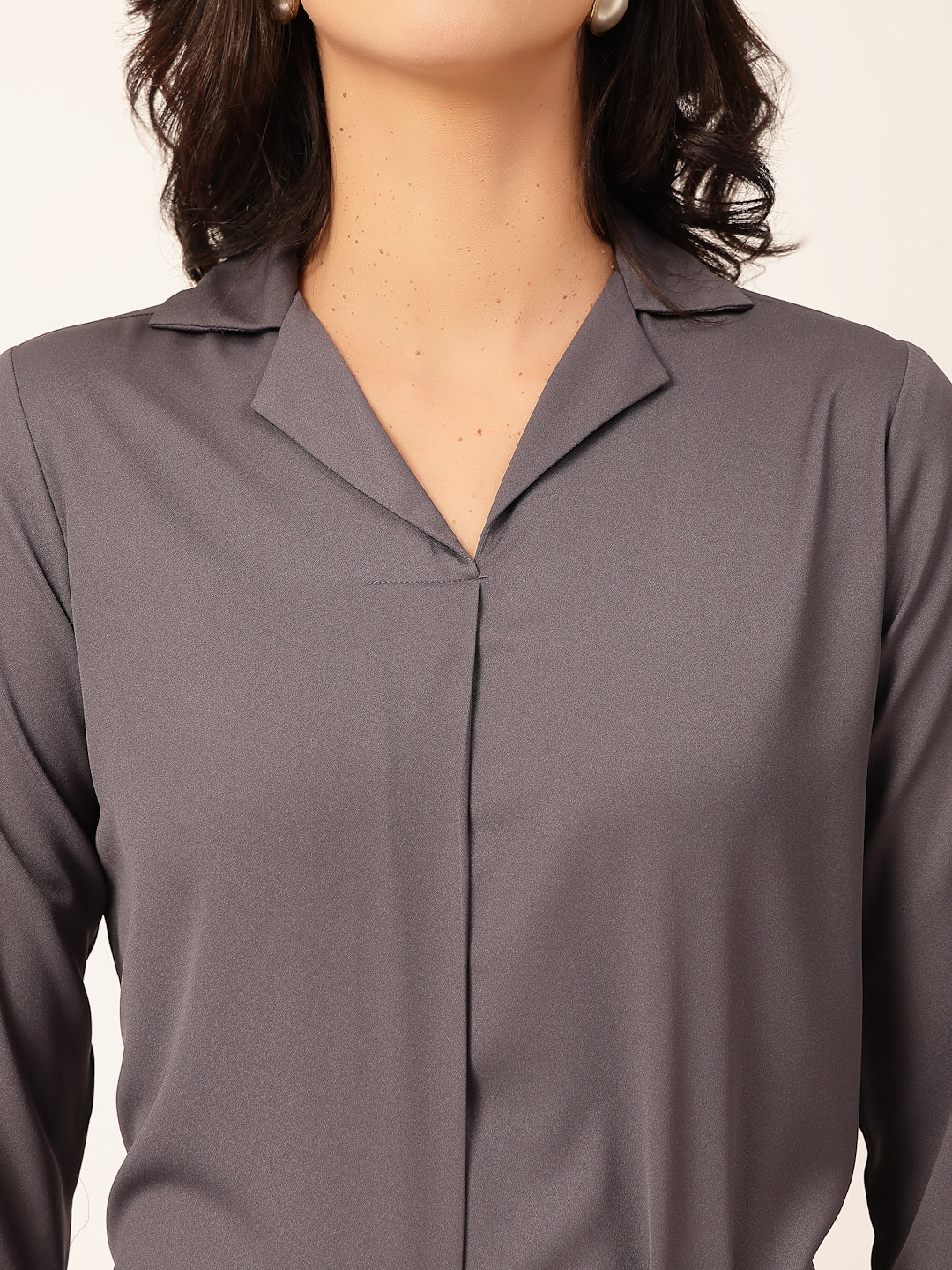 Style Quotient Women Solid Grey Polymoss Shirt Style Top