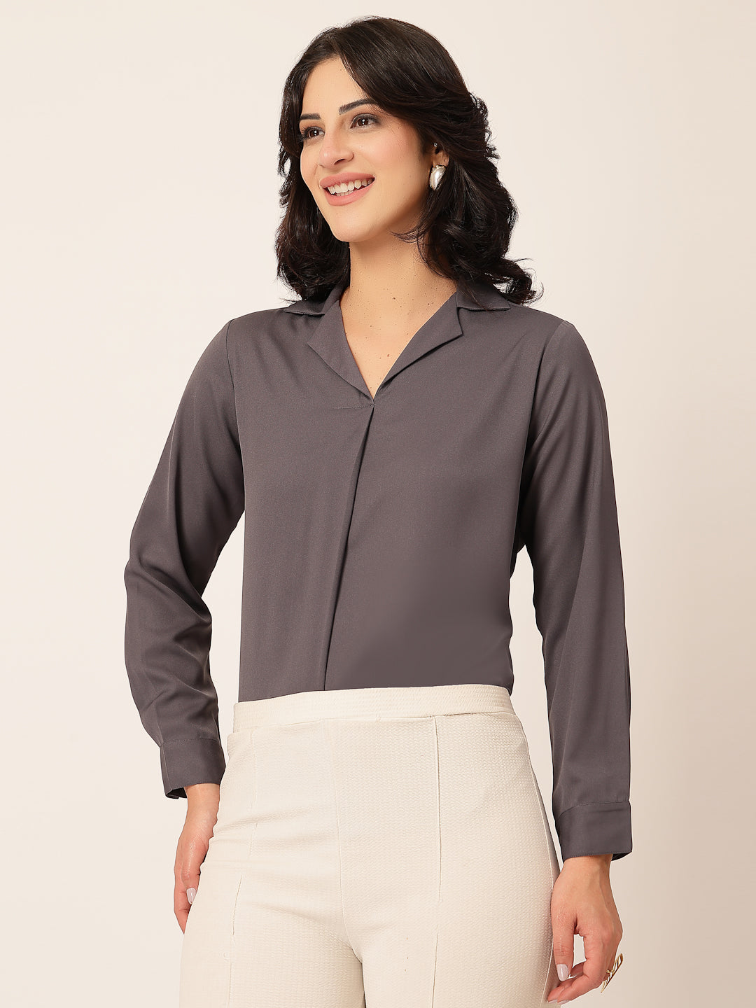 Style Quotient Women Solid Grey Polymoss Shirt Style Top