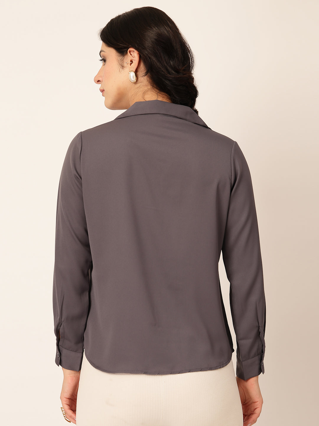 Style Quotient Women Solid Grey Polymoss Shirt Style Top