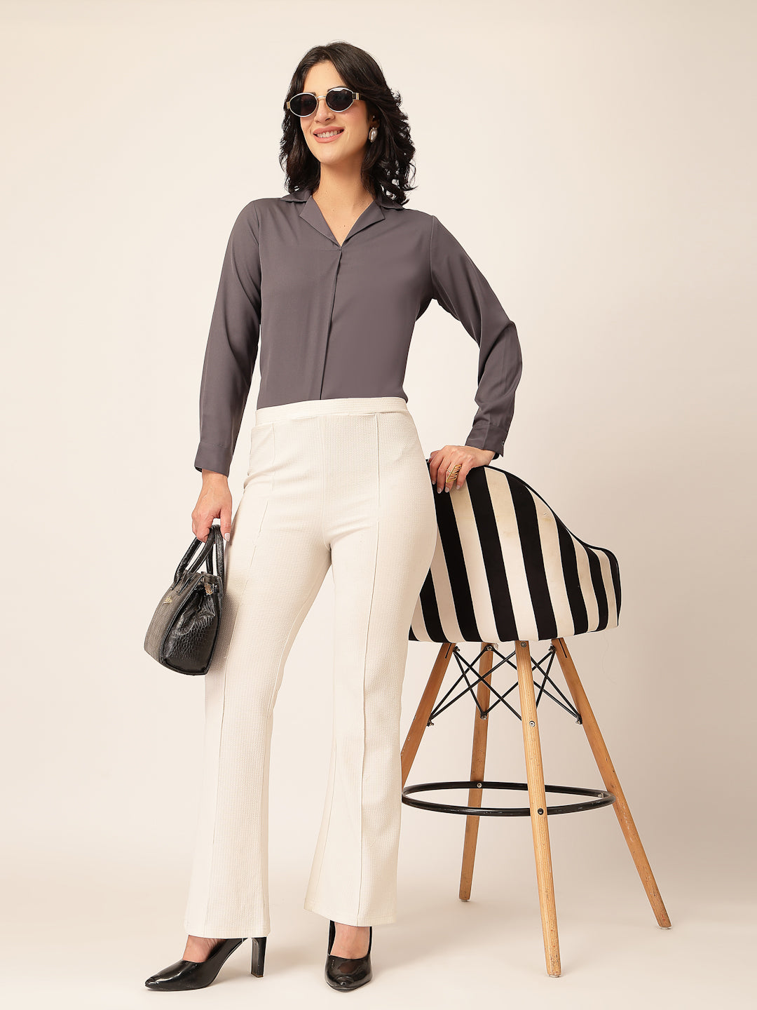 Style Quotient Women Solid Grey Polymoss Shirt Style Top