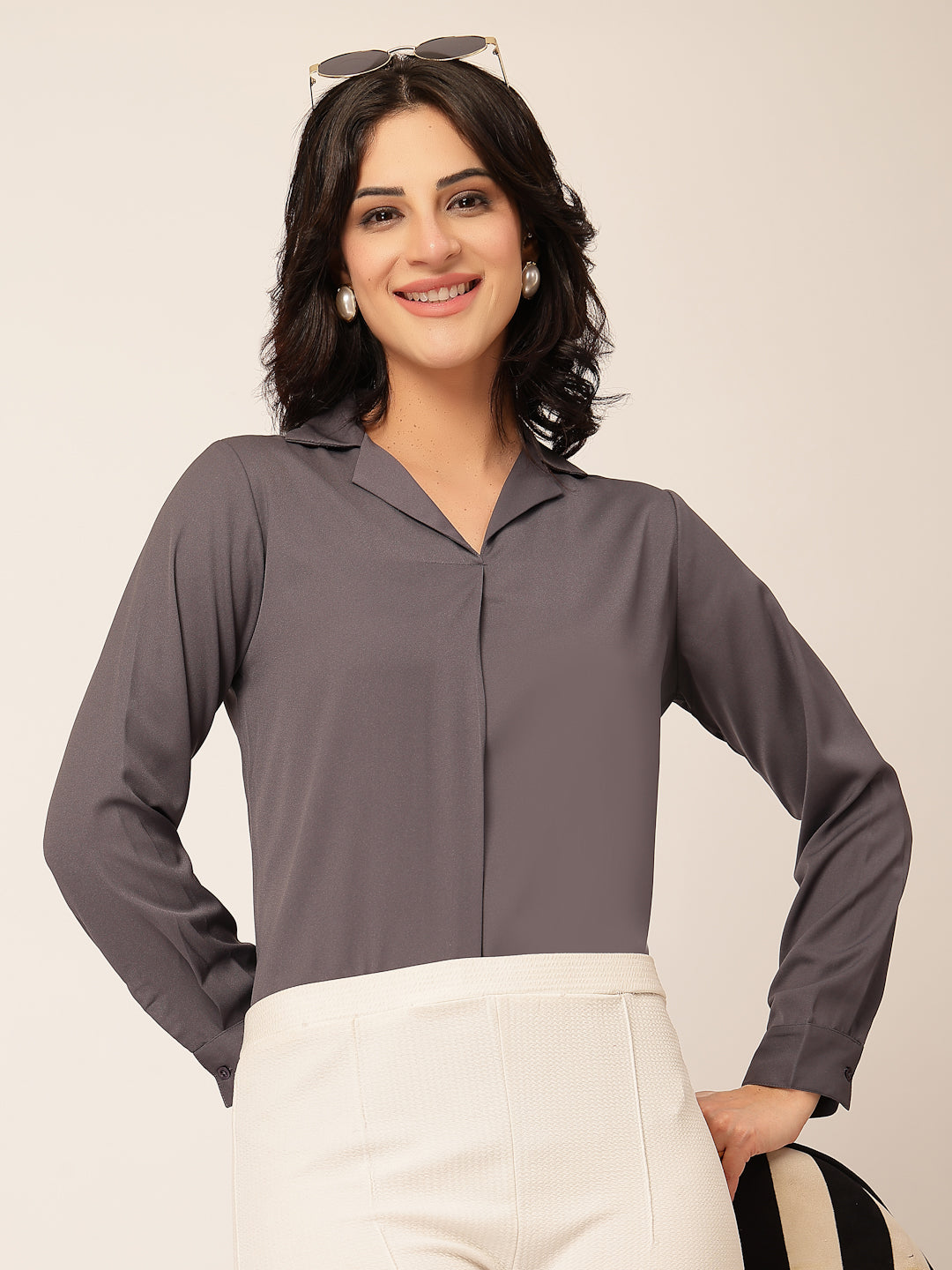 Style Quotient Women Solid Grey Polymoss Shirt Style Top