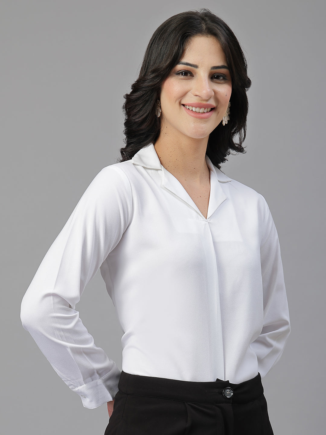 Style Quotient Women Solid White Polymoss Shirt Style Top