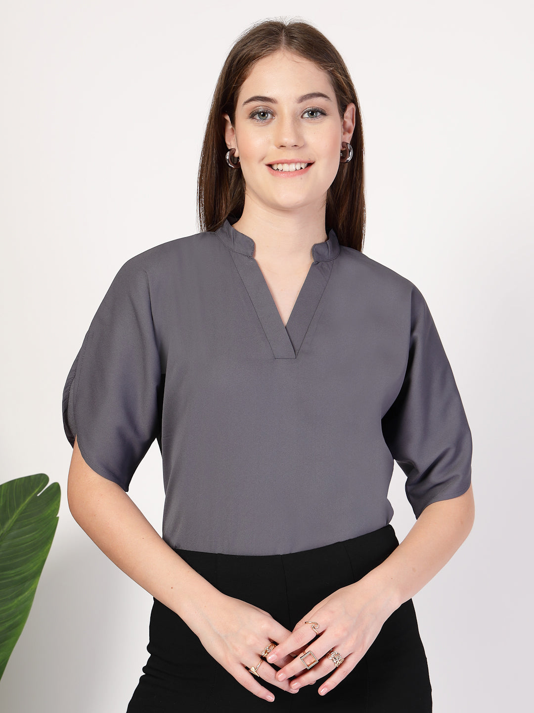 Style Quotient Women Solid Grey Polymoss Formal Top