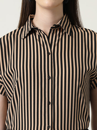 Style Quotient Women Nude Black Stripe Polycrepe Formal Shirt